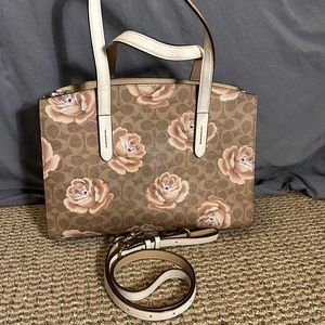 Coach 31667 Charlie Carryall In Signature Rose Print Satchel/Shoulder Bag in Tan